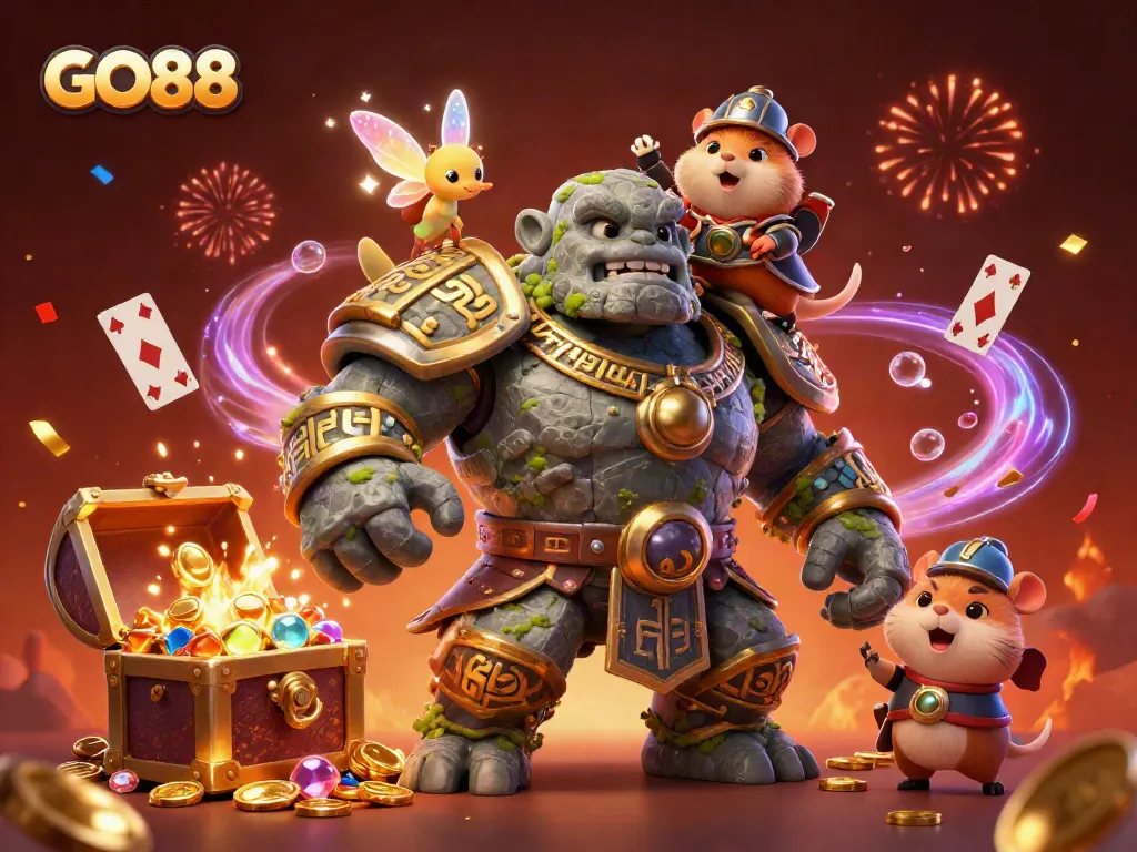 Experience winning treasures at GO88 with an enchanting scene of a golem guardian, fairy magic, and an armored hamster amidst gold coins and confetti.