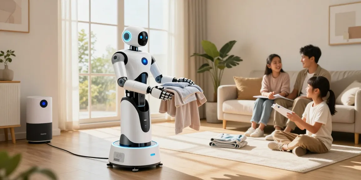 Home robot assisting with chores in a modern living room, showcasing convenience and smart home integration.