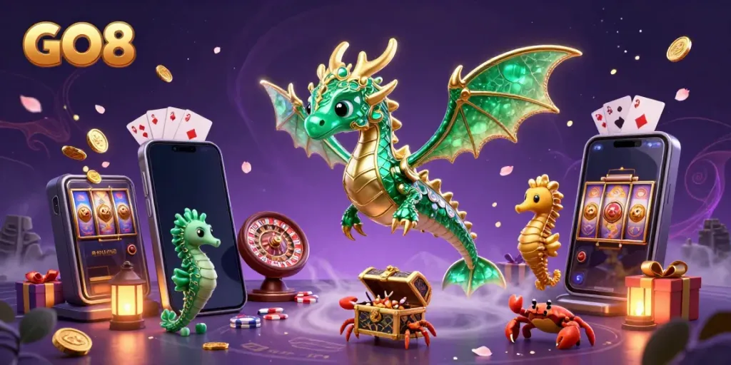 Engage in thrilling wins with GO8's emerald sea dragon surrounded by vibrant casino elements.