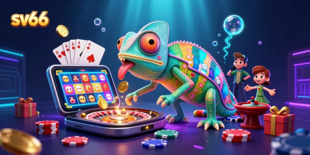 Engage with sv66 as the chameleon casino owner captures golden coins in a vibrant gaming scene.