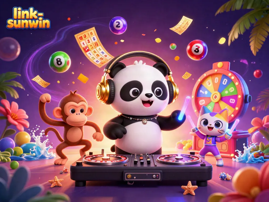 Engage with exciting gambling fun at link-sunwin featuring a DJ panda, dancing monkey, and lively kitten.