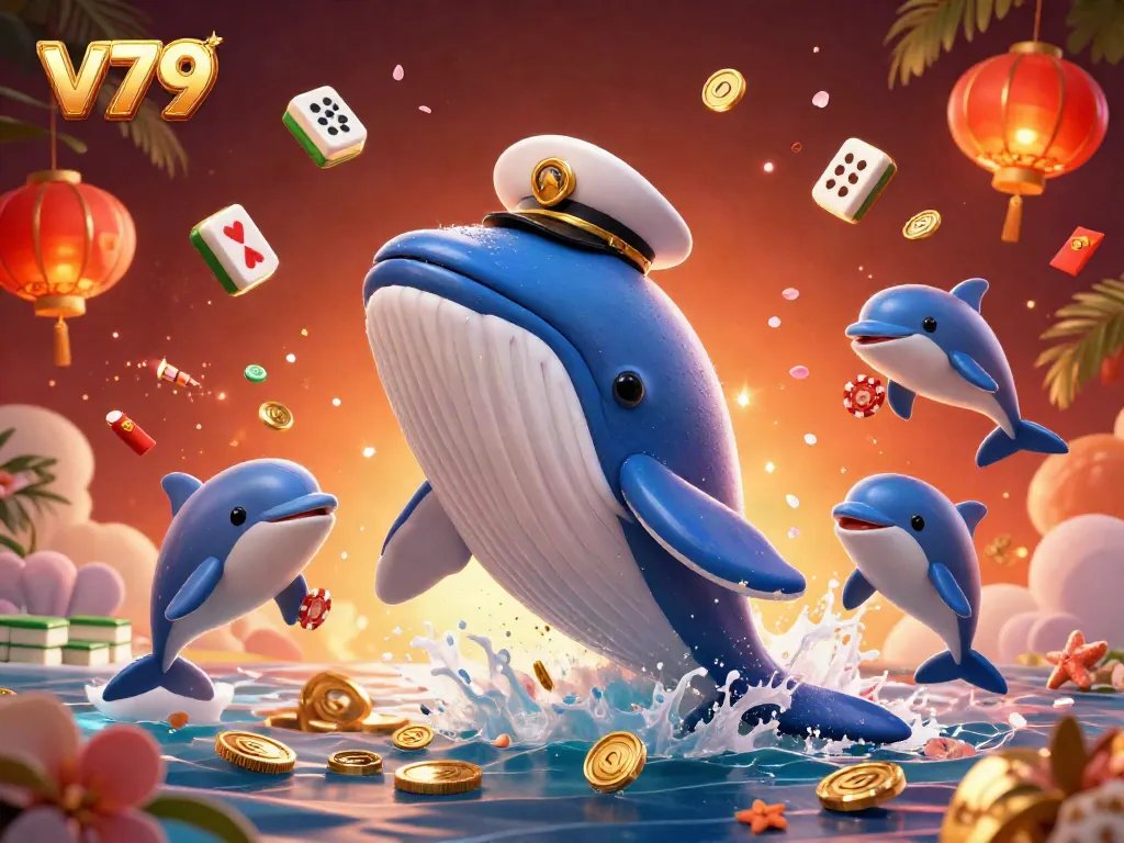 Experience the thrill of v79 with a whimsical 3D casino scene of a whale and playful dolphins surrounded by vibrant game elements.