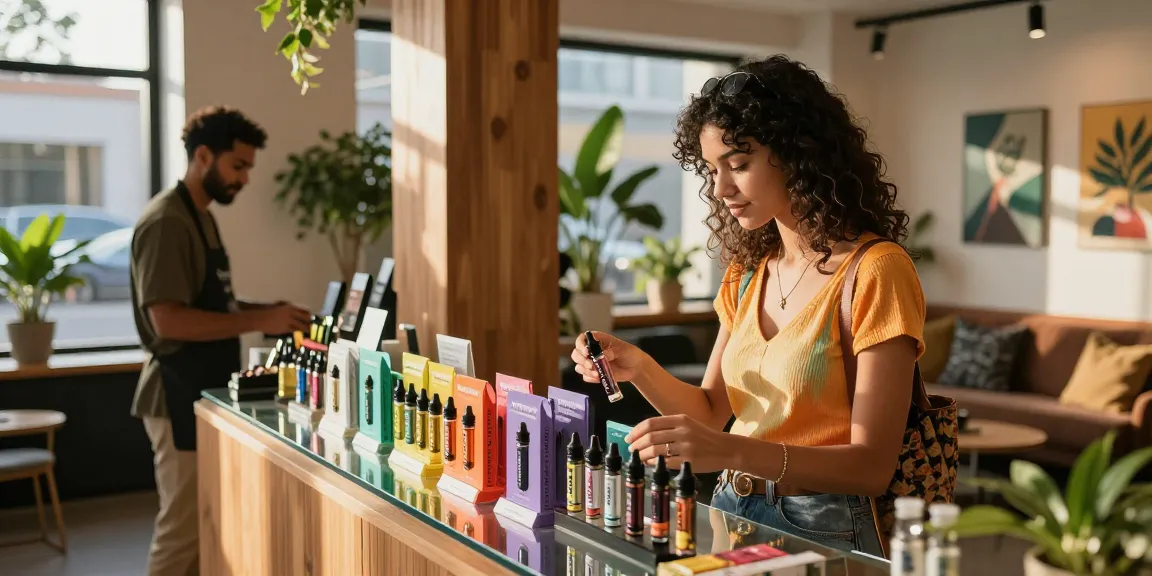 Engaging THC vape shopping experience in modern dispensary with stylish decor.