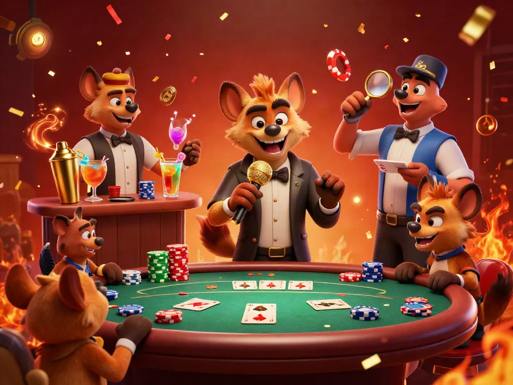 Experience the lively casino atmosphere with ecompus featuring hyenas managing games and drinks.