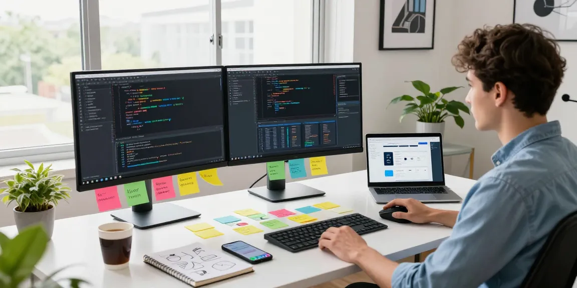 Build internal tools with AI in a modern software development workspace featuring dual monitors and coffee.
