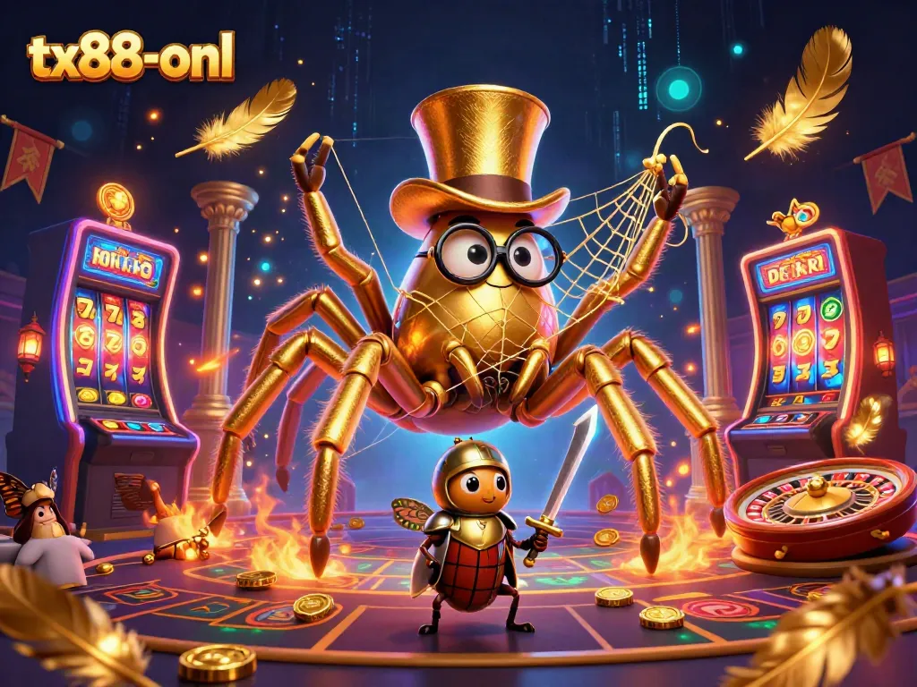 Engage with tx88-onl as the giant golden tarantula and beetle knight playfully navigate a vibrant online casino scene.