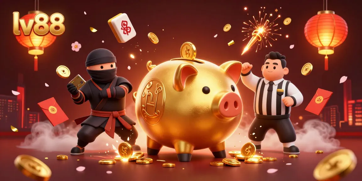 Engage with lv88's exciting gaming scene featuring a golden piggy bank sumo wrestler.