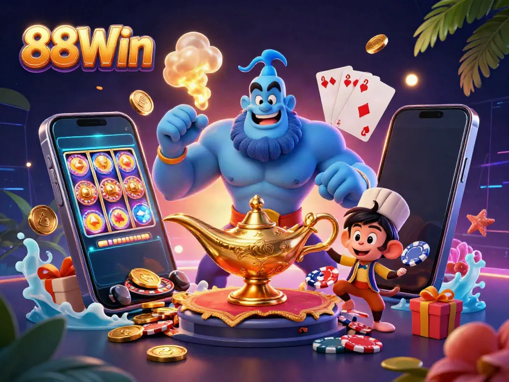 Experience the excitement of 88Win with a magical genie, poker chips, and vibrant casino elements.