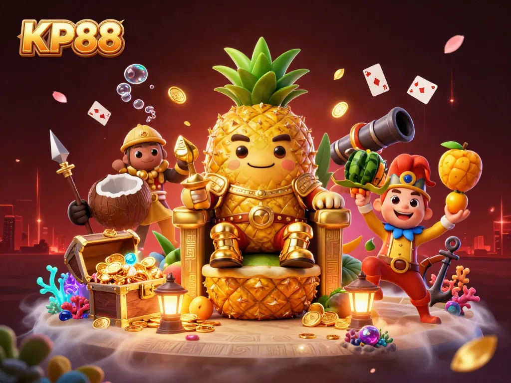 Engage in the KP88 casino experience with a vibrant 3D illustration of a golden pineapple king and game elements.
