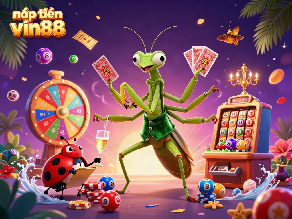 Engaging scene of nạp tiền vin88 featuring a giant praying mantis card sharp and vibrant gambling elements.
