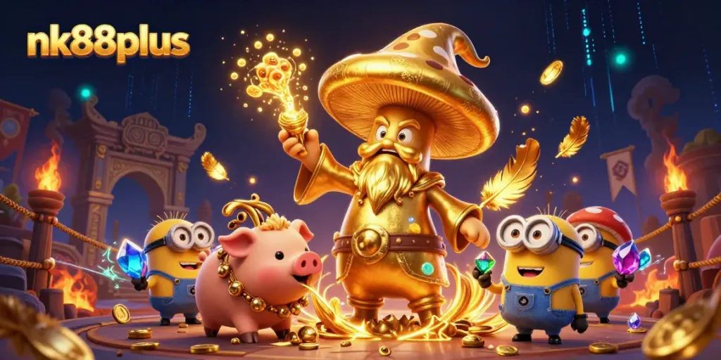Experience epic treasure-hunting with nk88plus as the golden wizard channels magic amidst a vibrant casino landscape.