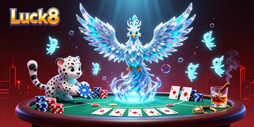 Experience the thrilling world of Luck8 with a vibrant 3D phoenix and poker elements creating a dynamic casino scene.