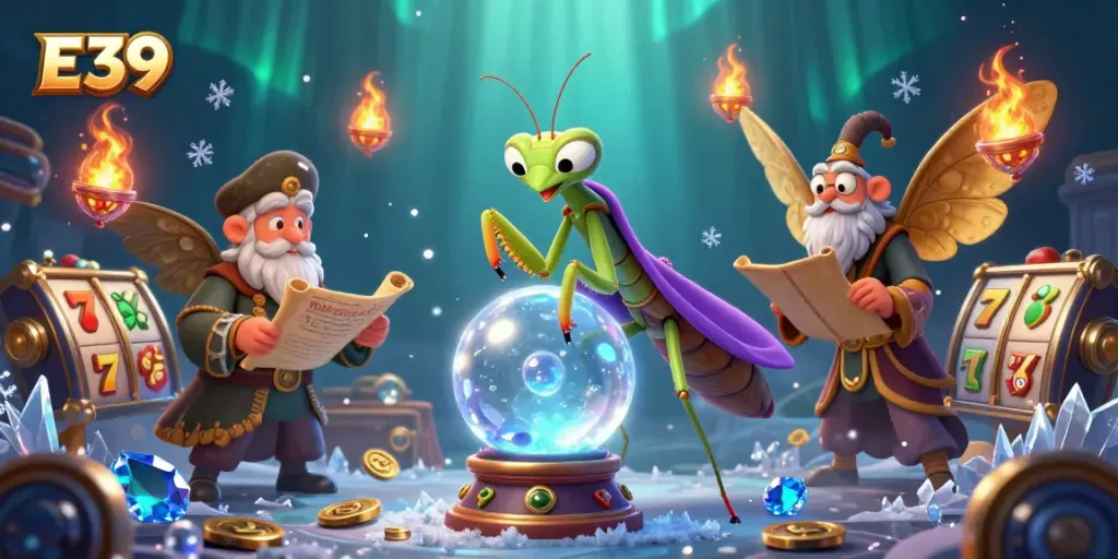 E39 players spinning the reels in an enchanting 3D casino setting featuring mystical characters and vibrant slot symbols.