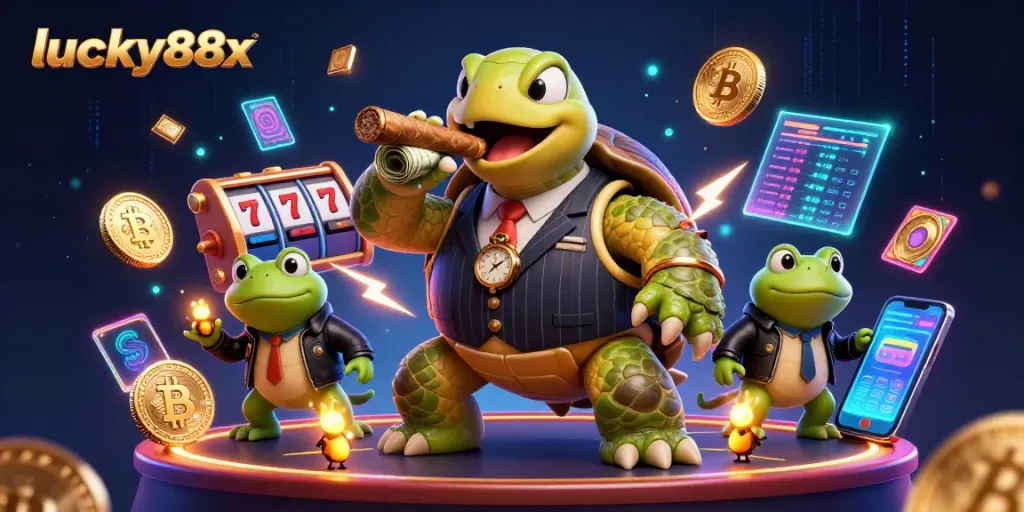 Join the fun at lucky88x with a vibrant casino scene featuring a turtle in a vintage suit.