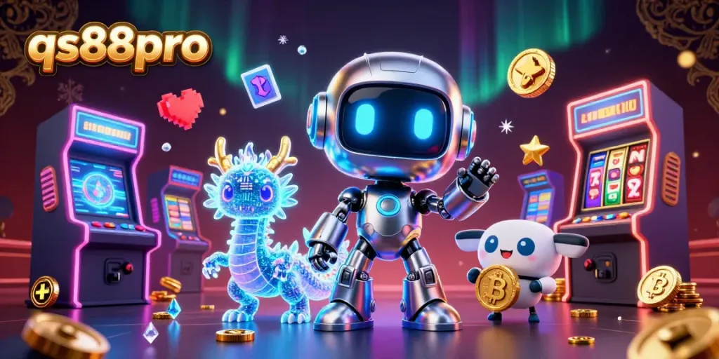 Engage with qs88pro in a vibrant, detailed 3D casino scene featuring a cyberpunk robot and game elements.