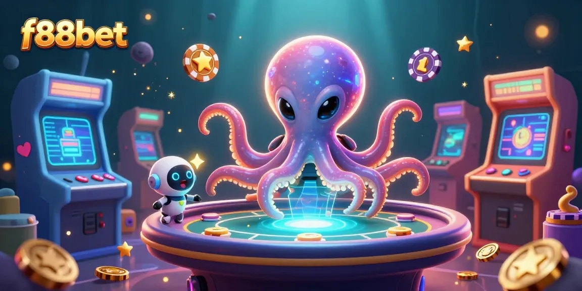 Experience the thrill of f88bet with an alien octopus at a holographic poker table surrounded by vibrant gaming elements.
