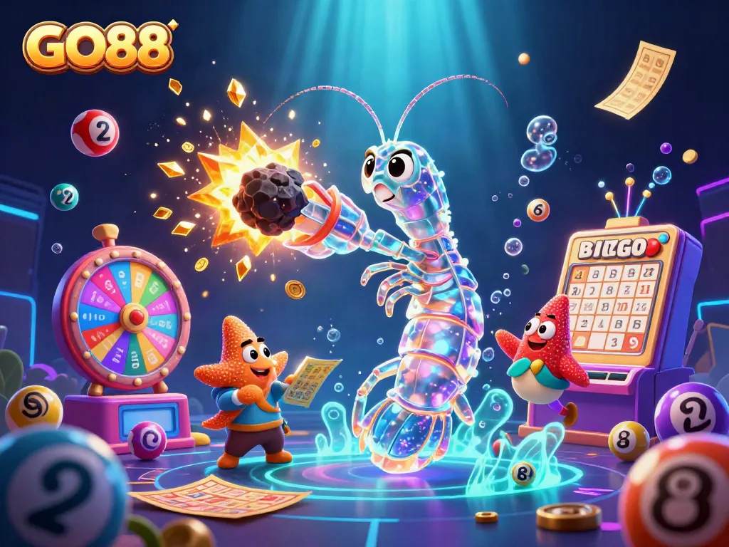 Experience the excitement of GO88 with a vibrant 3D illustration of a galactic mantis shrimp battling an asteroid amidst colorful gaming elements.