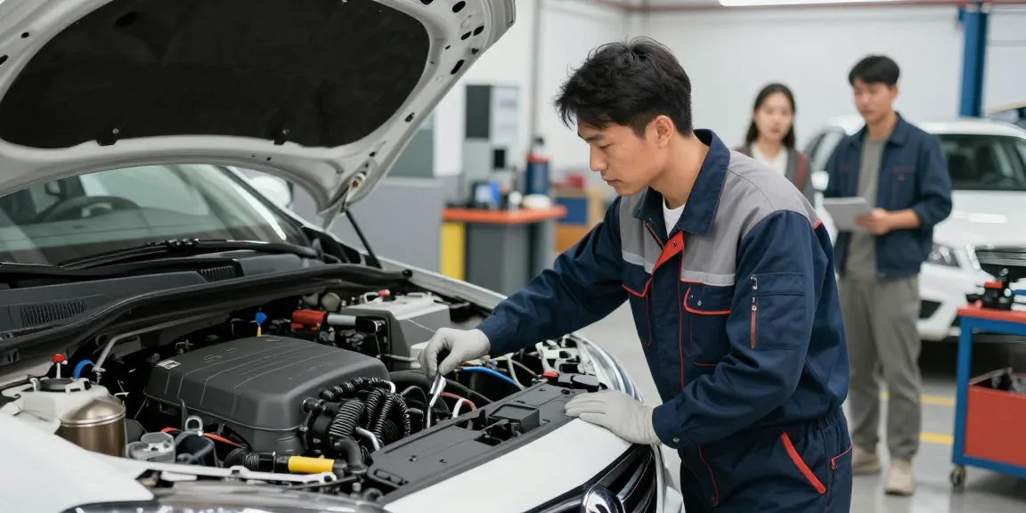 Expert mechanic addressing car air conditioning smells bad at local auto repair shop, trusted provider.