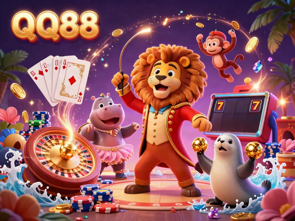 Experience the excitement of QQ88 surrounded by animated casino characters, coins, and game elements.