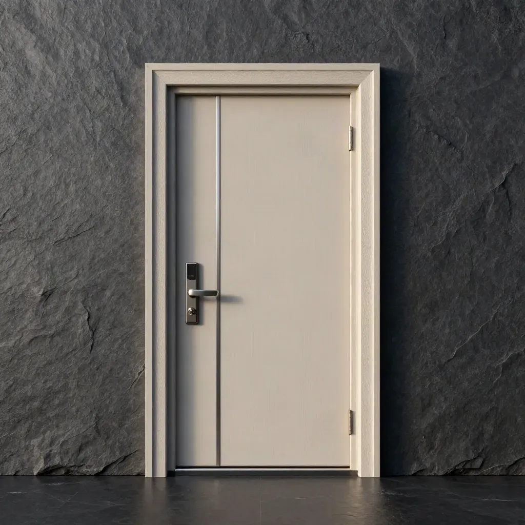 Floating composite front door package details lit in a dark slate studio.