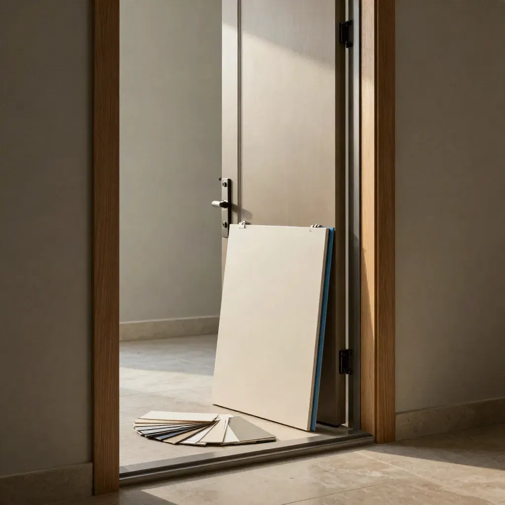 Composite door survey setup in a hallway with swatches, dust sheet and board