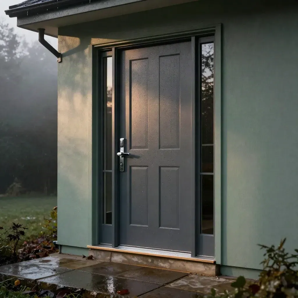 Composite front door hero in misty dawn with wet stone and chrome hardware.