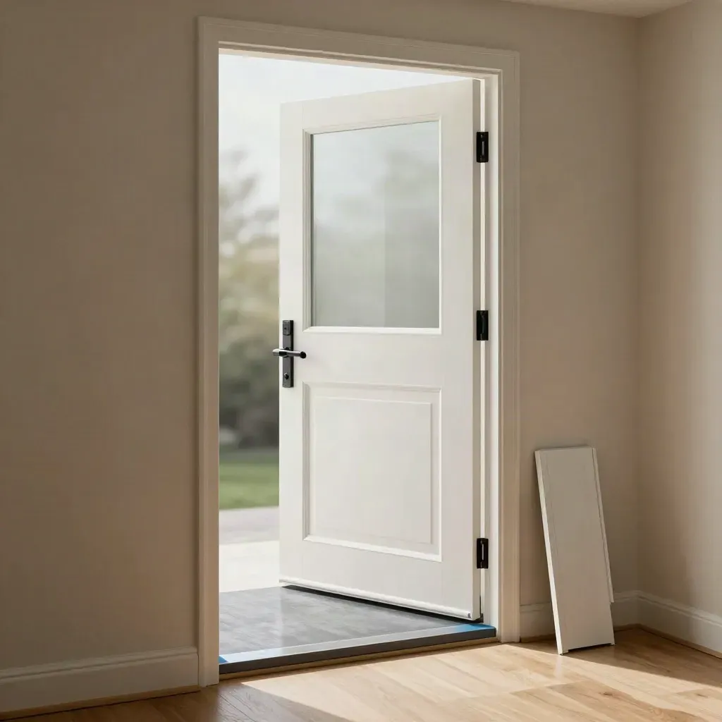 White uPVC replacement door with glazed top light in a quiet rear entrance