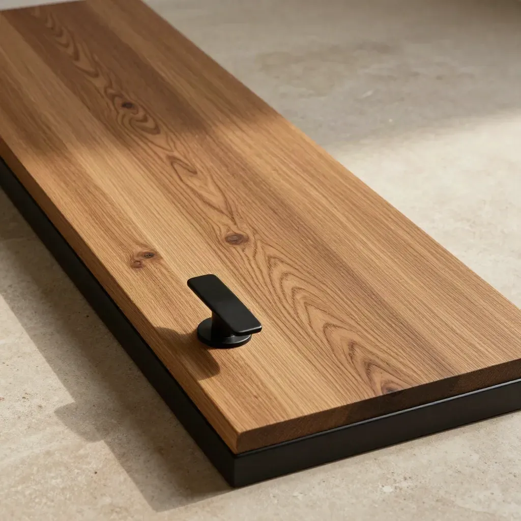 Oak door slab with black handle, threshold and hinges on pale stone in warm studio light