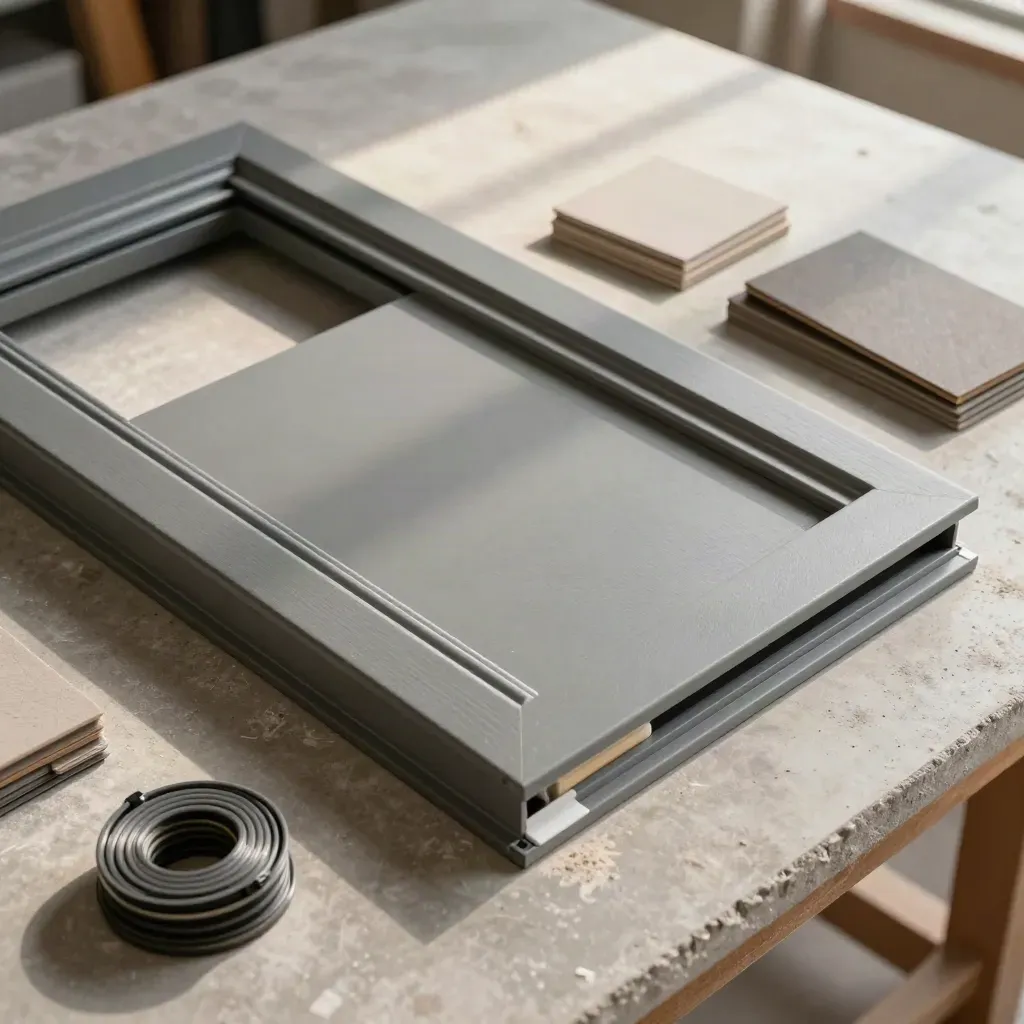 Composite door sample, seals, trim and protective pads arranged on a concrete workshop bench.