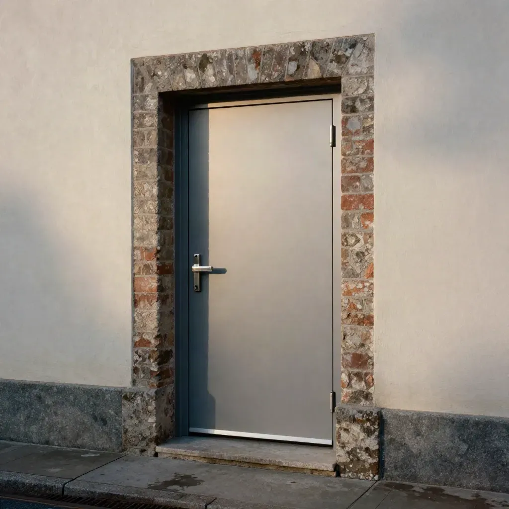 Slim aluminium back door in a damp rear entry, soft side light and dark interior beyond.