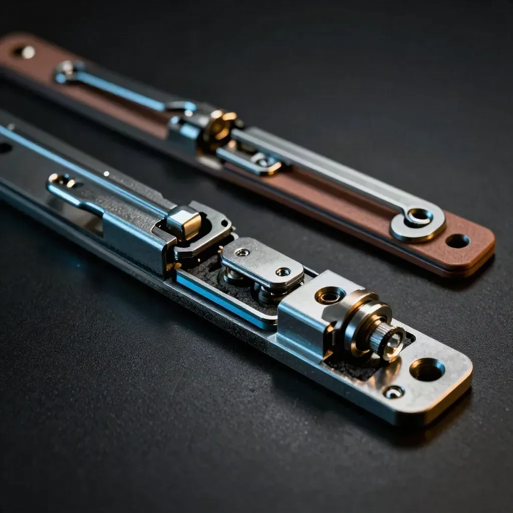 Opened multi-point door lock parts arranged on dark felt in dramatic studio light