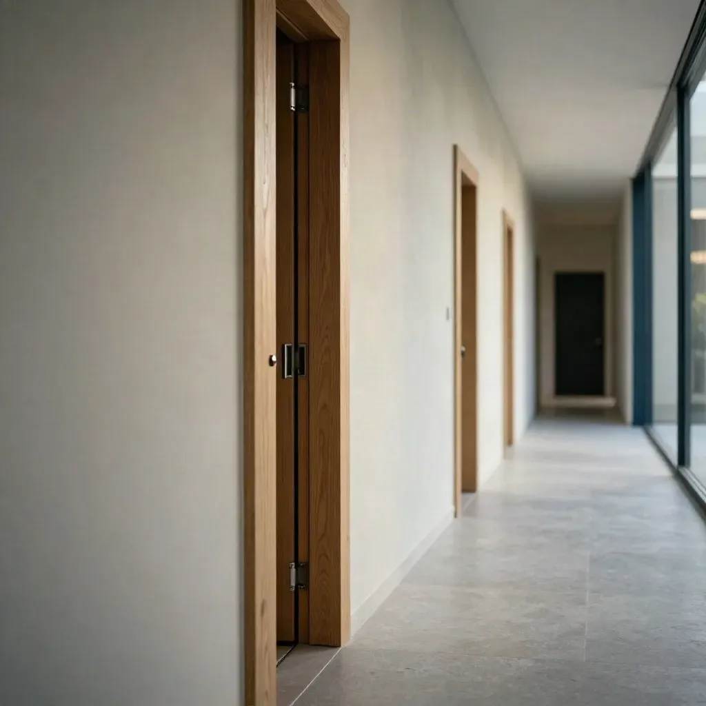 Sunlit corridor with fire-rated door frames, pale plaster walls and a calm stone floor