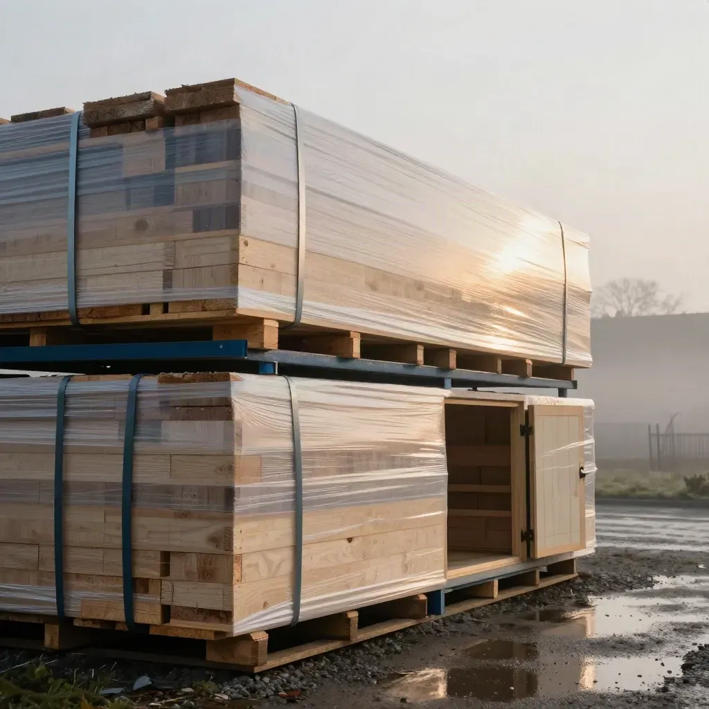Wrapped door stock and timber stacked in a misty yard beside open gravel under a pale overcast sky.