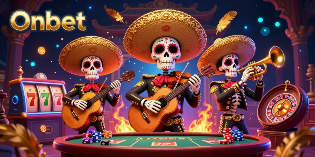 Experience Onbet's vibrant casino atmosphere with energetic skeleton mariachi musicians and dynamic slot elements.