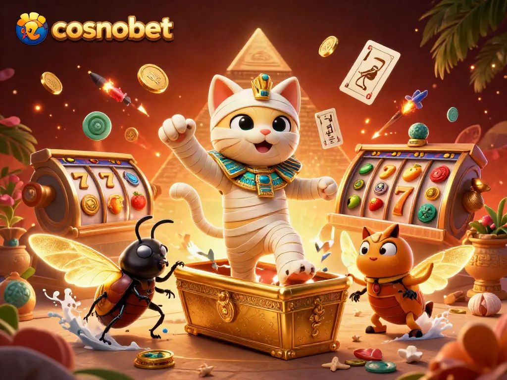 Experience the excitement of cosmobet casino with an Egyptian mummy cat and golden sarcophagus in a rich, dynamic scene.