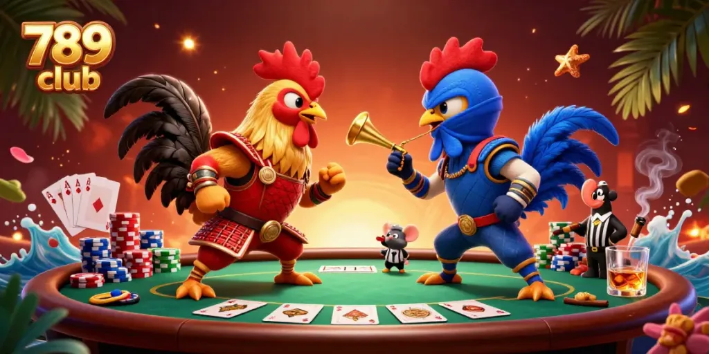 Engage with the thrilling combat of twin roosters in a dynamic 789 club poker showdown.