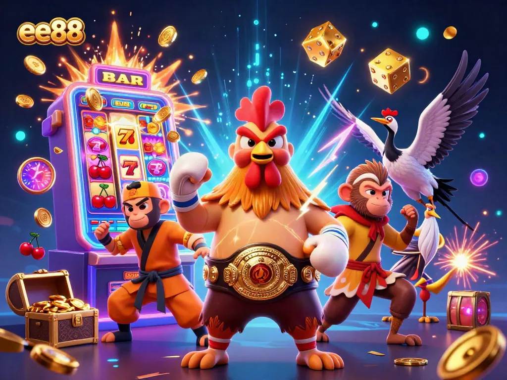 Experience the thrill of ee88 with a dynamic casino scene featuring a fierce rooster and martial artist.