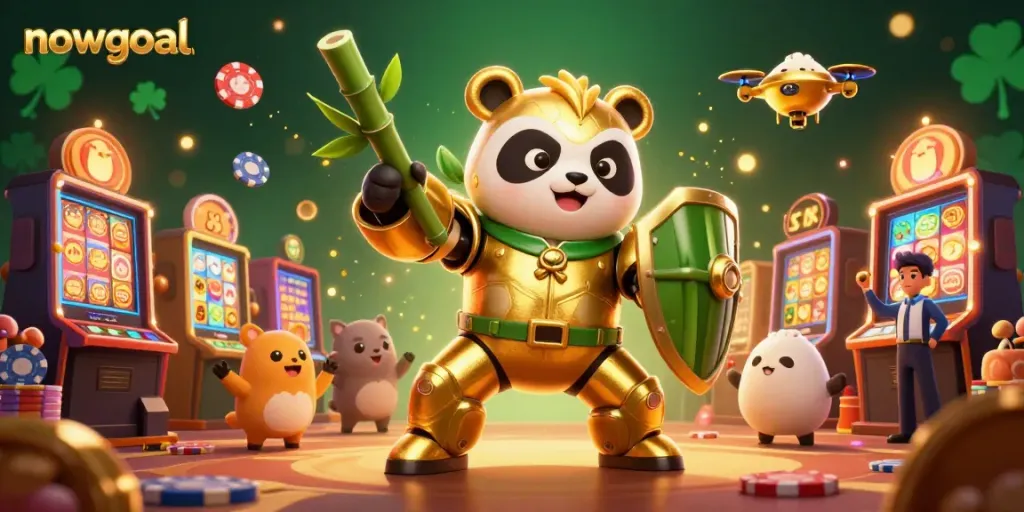 Experience nowgoal's casino excitement with a dynamic panda in a gaming arena filled with colorful slot machines.