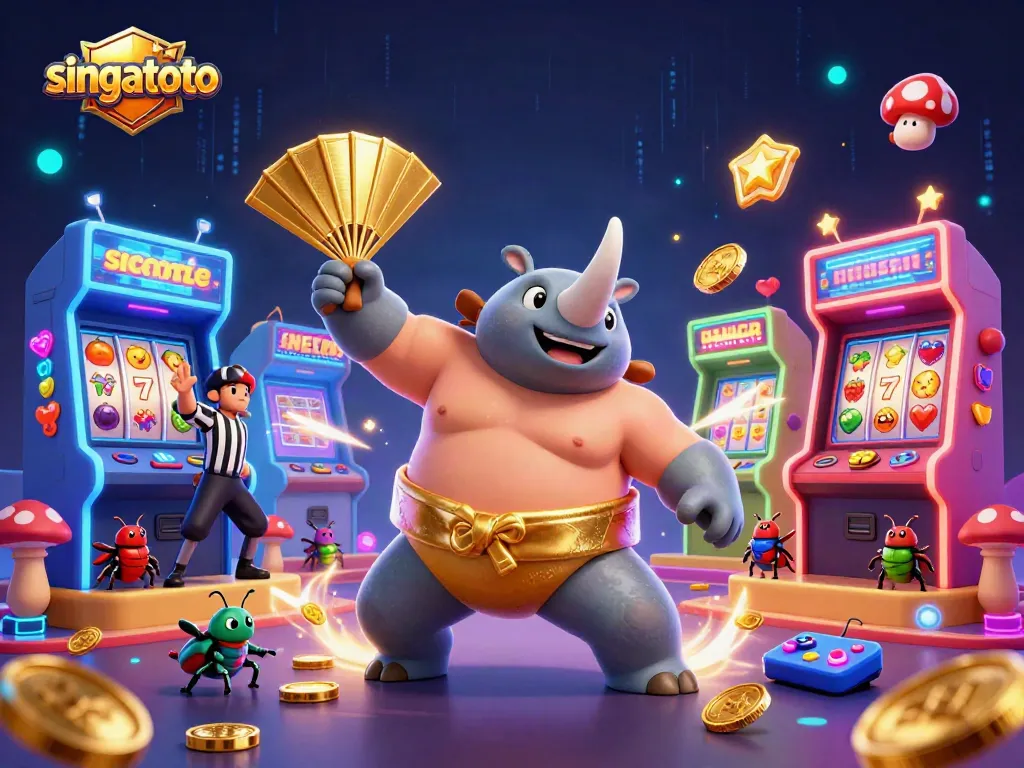 Engage in exhilarating gameplay at Singatoto as the rhinoceros beetle champion stirs coins in a vibrant casino.