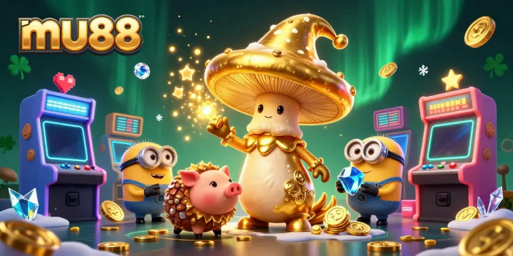 Experience the excitement of mu88 with magical golden elements and vibrant gaming scenes.