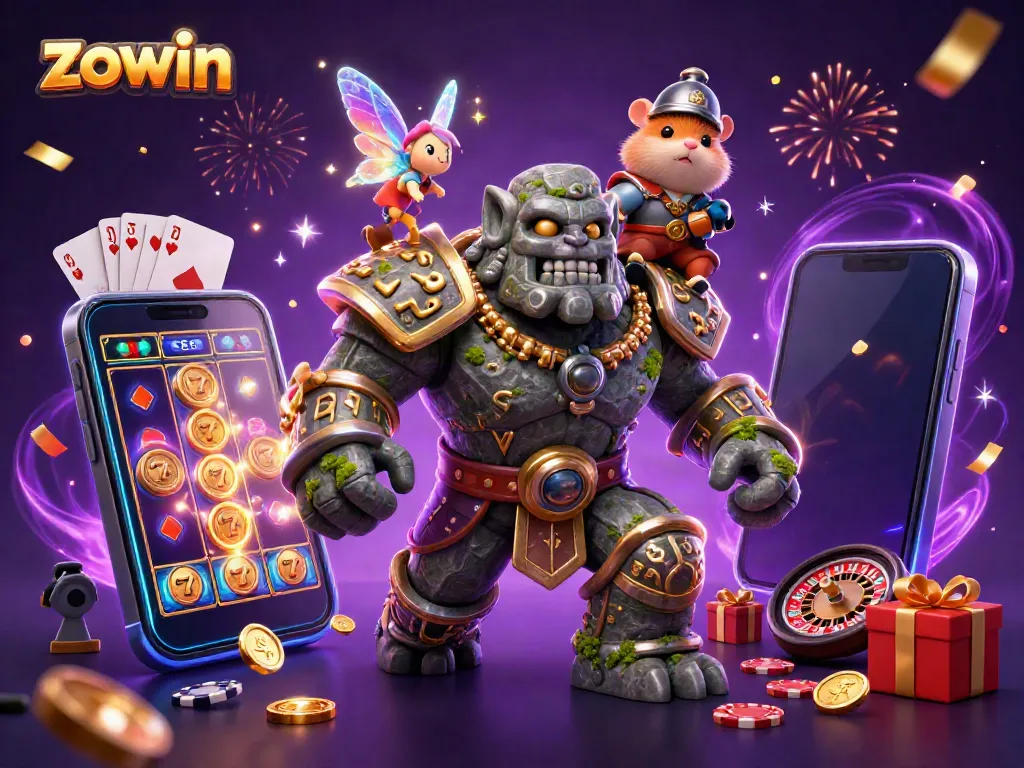 Zowin casino scene showcasing a magical golem guardian, fairy, and hamster knight amidst casino elements.