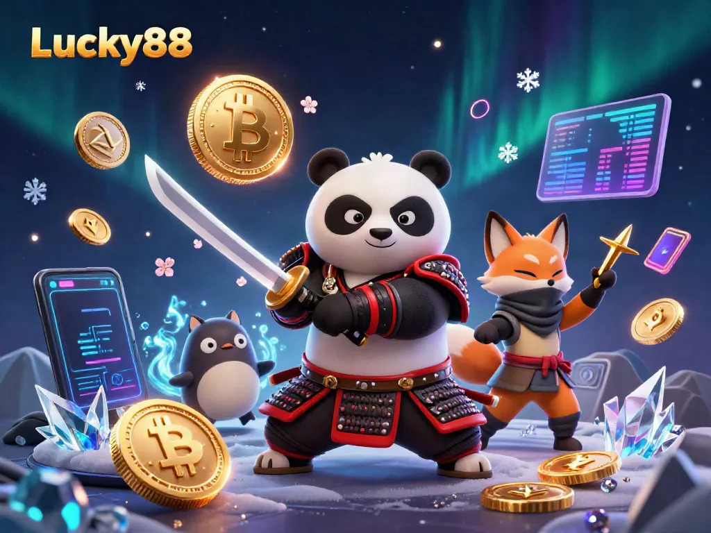 Experience thrilling action with Lucky88 featuring samurai panda and ninja fox amidst vibrant casino elements.