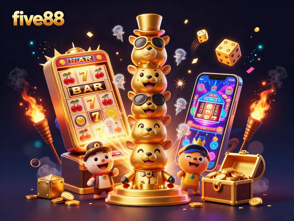 Experience a vibrant casino adventure with the five88 totem pole surrounded by dynamic slot machines and joyous game elements.