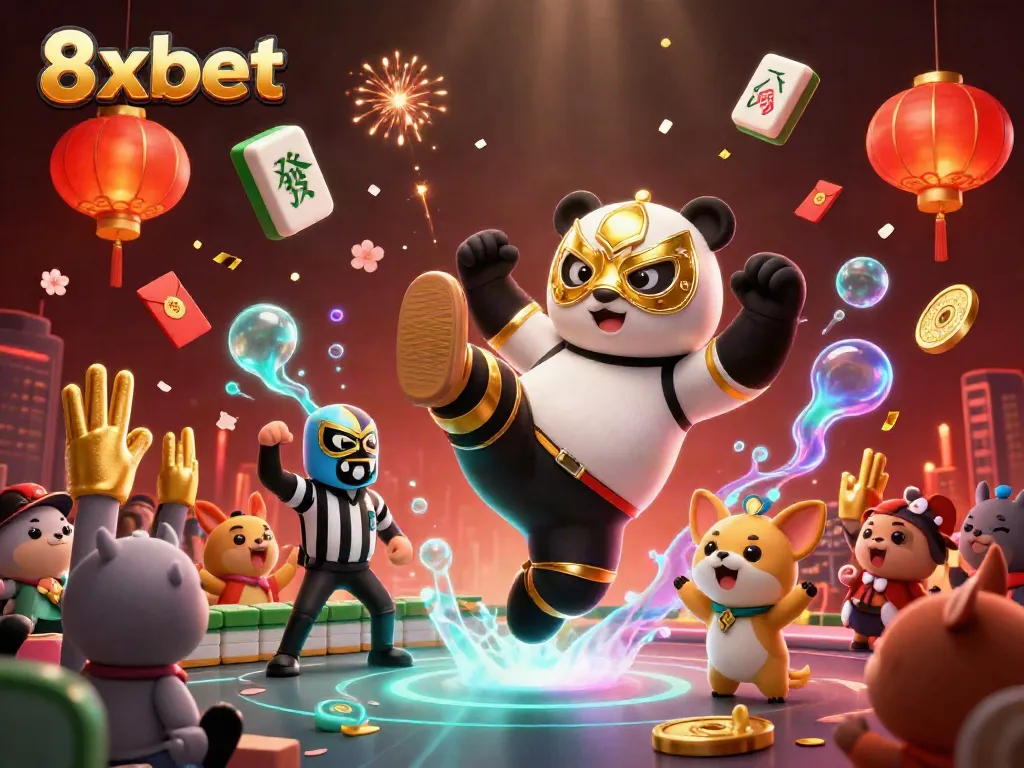 Experience excitement with 8xbet’s vibrant illustration featuring a panda wrestler, dynamic gameplay, and festive elements.