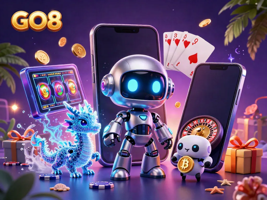 Experience GO8 casino fun in a vibrant 3D illustration with unique gaming elements.