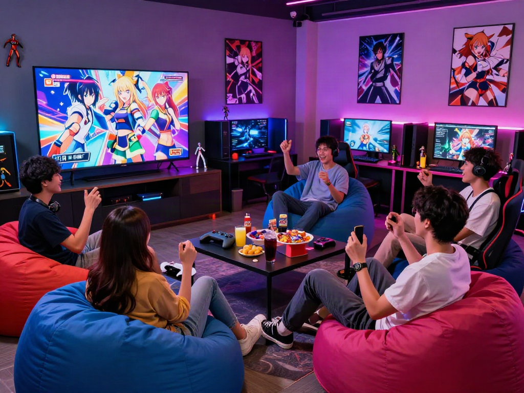 Group of friends enjoying hentai games in a colorful gaming lounge