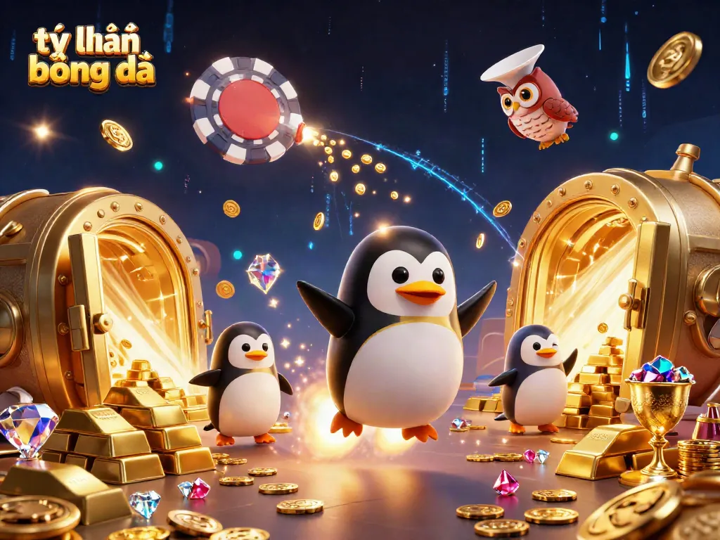 Experience thrilling tỷ lệ bóng đá as a golden penguin zooms towards a casino space station in this vibrant 3D illustration.