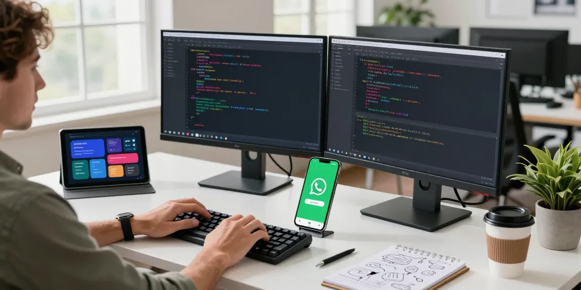 WhatsApp下載 on a smartphone in a modern workspace, showcasing a productive tech environment.