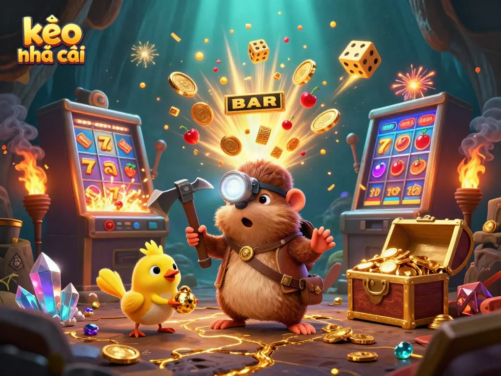 Engaging scene showcasing kèo nhà cái with a treasure hunter mole and casino elements, conveying dynamic gambling excitement.