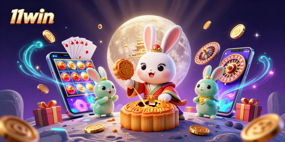 Experience 11win with a vibrant scene of a moon rabbit celebrating casino joy with poker chips and gaming elements.